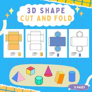 Peut inclure: Une feuille de travail imprimable pour les enfants pour apprendre les formes 3D. La feuille de travail comprend des modèles à découper et à plier pour un cuboïde et un cylindre, ainsi que des illustrations d'une pyramide, d'un cube, d'un prisme hexagonal, d'un cône et d'un prisme rectangulaire. Le titre de la feuille de travail est "3D Shape Cut and Fold".