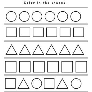 May include: Black and white worksheet with the title "WHAT COMES NEXT?" and instructions to color in the shapes. The worksheet features rows of circles, squares, and triangles in a pattern for children to complete.
