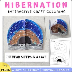 Può includere: Un progetto di colorazione artigianale interattivo con il titolo "HIBERNATION". L'immagine mostra un orso che dorme in una grotta sotto un cielo stellato. È visibile anche il testo "THE BEAR SLEEPS IN A CAVE". Include 11 pagine e un invito alla scrittura.