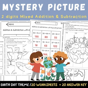 May include: A printable worksheet for kids featuring an Earth Day theme. The worksheet includes a mystery picture puzzle with addition and subtraction problems to solve. The completed picture shows a smiling Earth being held by two children.