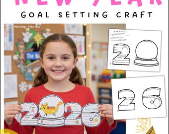 Puede incluir: Una niña sostiene una manualidad de establecimiento de objetivos de Año Nuevo. La manualidad deletrea "2026" y presenta una bola de nieve con una ilustración de gato. El texto incluye "14 PAGES WRITING PROMPT | COLORING".
