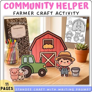 May include: A Community Helper Farmer craft activity set featuring a red barn, a green tractor, a farmer figure, a pig, a cow, and a bucket. The set includes a printable sheet with outlines of these items and a composition notebook with crayons.