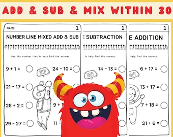 Number Line Math Worksheets: Addition, Subtraction, Mixed (K-1st Grade) (Digital Download)