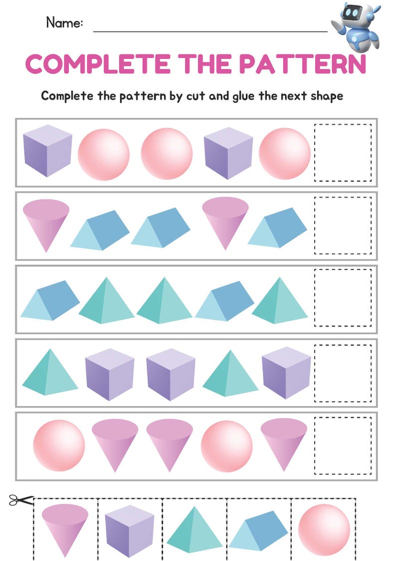 Math 3D Shape Pattern Sequence Worksheets for Prek & Kindergarten, 3 ...