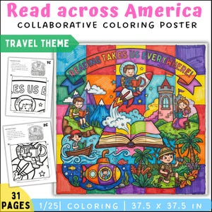 Puede incluir: Un póster de colorear colaborativo con temática de viajes, con el texto "Read across America". La obra de arte representa a niños leyendo en varios escenarios, incluyendo un cohete, un submarino y un castillo. El póster mide 95,25 x 95,25 cm.
