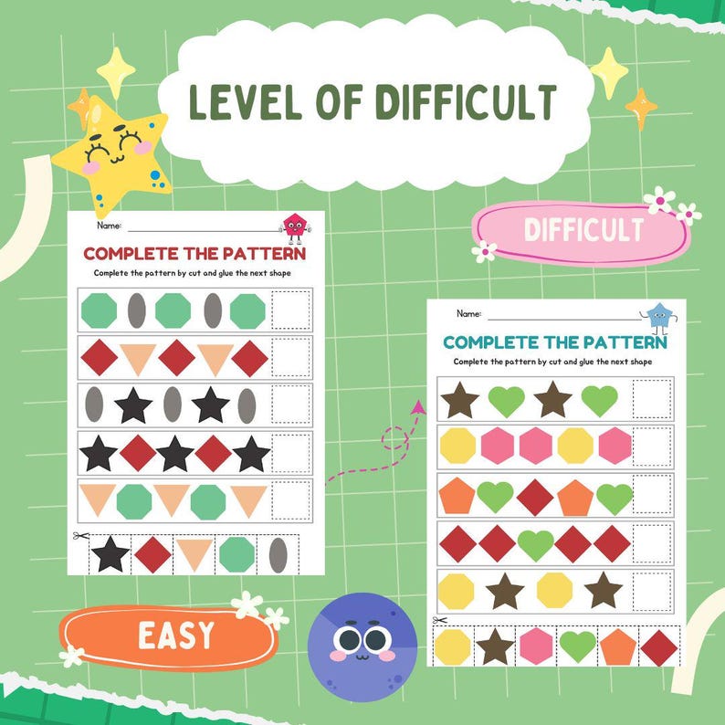 May include: Two worksheets with the text "COMPLETE THE PATTERN" and "LEVEL OF DIFFICULTY". The worksheets feature patterns of shapes in various colors. One worksheet is labeled "EASY" and the other "DIFFICULT". The background is green.
