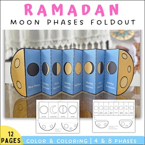 Op de afbeelding: Een opvouwbaar educatief knutselwerk met de maanfasen, met een blauwe achtergrond en gouden en zwarte maanillustraties. De tekst "RAMADAN MOON PHASES FOLDOUT" staat bovenaan. Inclusief kleurplaten met 4 & 8 fasen.