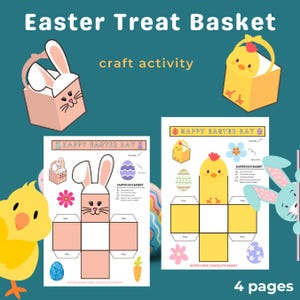 May include: Printable Easter treat basket craft activity with instructions.  The craft includes a bunny and chick basket design.  The text on the page reads "Happy Easter Day".