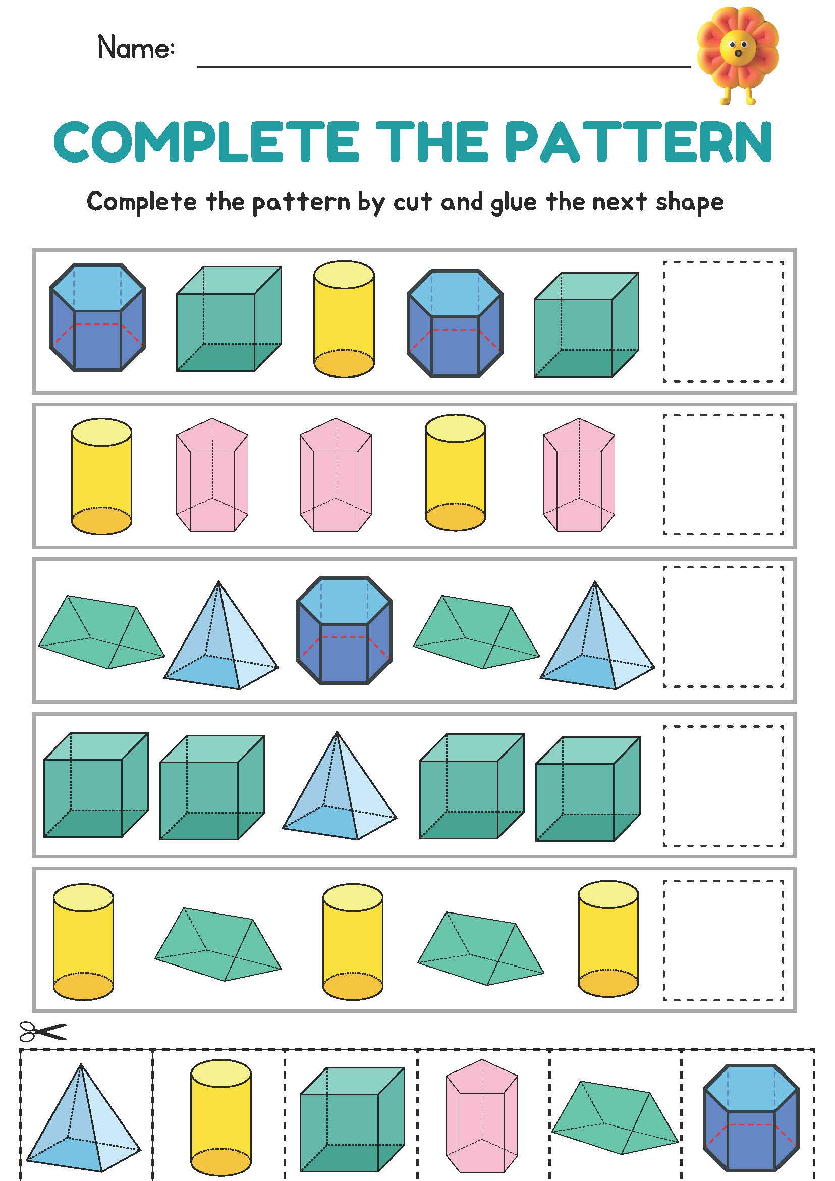 Math 3D Shape Pattern Sequence Worksheets for Prek & Kindergarten, 3 ...