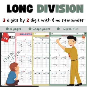Long Division worksheet 3-Digit by 2-Digit with & no Remainders with detail answer on Graph paper, For 4th, 5th grade and homeschool