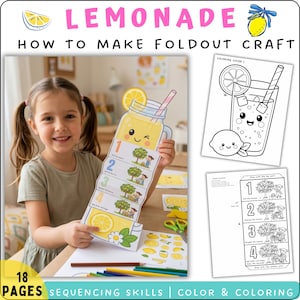 May include: A lemonade foldout craft activity set featuring 18 pages of sequencing skills and colouring sheets. The craft displays a step-by-step guide to making lemonade with numbered illustrations of a child picking, washing, and squeezing lemons.