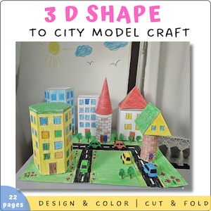 Op de afbeelding: Een kleurrijk 3D-stadmodel gemaakt van papier. Het model toont gebouwen in verschillende vormen en kleuren, waaronder een huis met een rood dak, een cilindrische toren en een zeshoekig gebouw. De tekst "3 D SHAPE TO CITY MODEL CRAFT" staat bovenaan.