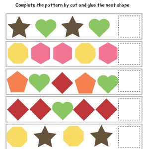 May include: A worksheet titled "COMPLETE THE PATTERN" with colorful shapes. The pattern includes stars, hearts, hexagons, pentagons, and diamonds in various colors. The instructions are to cut and glue the next shape. A cute star character is in the top right corner.