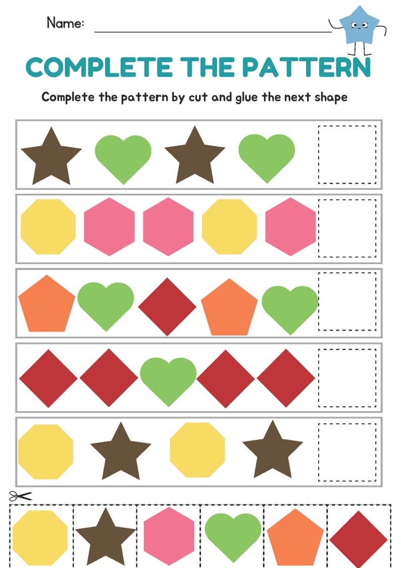 May include: A worksheet titled "COMPLETE THE PATTERN" with colorful shapes. The pattern includes stars, hearts, hexagons, pentagons, and diamonds in various colors. The instructions are to cut and glue the next shape. A cute star character is in the top right corner.