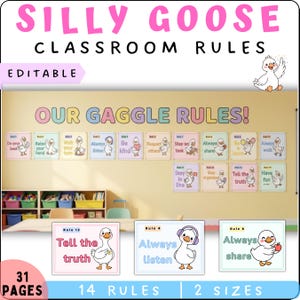 Busy Goose Classroom Rules Poster, 14 Regeln bearbeitbar druckbar, Pastell Kawaii Decor (PDF & PPTX )