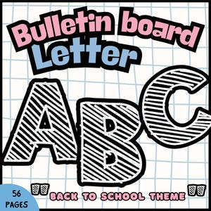 Könnte beinhalten: Grafik mit den Buchstaben A, B und C in einem schwarz-weiß gestreiften Design. Die Wörter "Bulletin board Letter" sind in Rosa und Blau gehalten. Der Satz "Back to School Theme" ist ebenfalls enthalten.