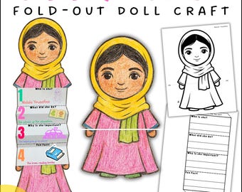 Women’s History Month Malala Yousafzai Fold-Out Doll Craft activity | K–1 Writing & Drawing Activity | PDF
