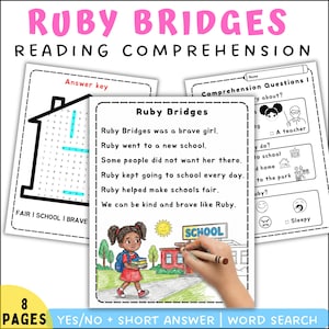 Op de afbeelding: Educatieve print met Ruby Bridges leesvaardigheidsoefeningen. Bevat een woordzoeker, begripsvragen en een antwoordsleutel. De afbeelding toont een tekening van Ruby Bridges die naar school loopt, met het woord "SCHOOL" op een bord.