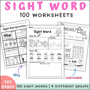 May include: A collection of three sight word worksheets with the words "the", "she", and "have" printed on them. The worksheets are designed for early learners and include activities like tracing, coloring, and matching. The title "Sight Word 100 Worksheets" is at the top.