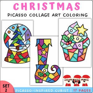 Op de afbeelding: Een set kleurplaten met kerstthema met een op Picasso geïnspireerd kubistisch ontwerp. De afbeeldingen bevatten een sneeuwbol, een cupcake en een elfenlaars, allemaal met levendige kleuren en geometrische vormen. De tekst op de afbeelding luidt "Christmas" en "Picasso Collage Art Coloring".