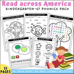 May include: A collection of black and white educational worksheets for kindergarten to first grade phonics. The worksheets include word hunts, vocabulary games, and rhyming activities. A cartoon girl is reading a book next to a stack of books.