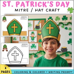 Może przedstawiać: Rękodzieło na Dzień Świętego Patryka z zielono-złotym kapeluszem mitry z krzyżem. Obraz zawiera dziecko w kapeluszu, a także kolorowanki i tekst "COLORING & COLORED + WRITING PROMPT".