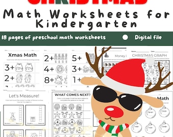 Hojas de ejercicios de matemáticas navideñas para jardín de infantes: Aprendizaje festivo (Descarga digital)