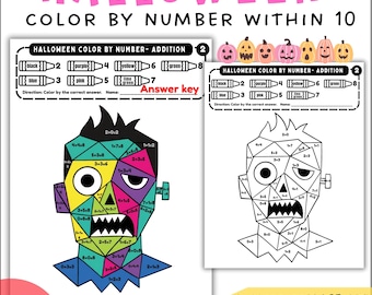 May include: Two Halloween-themed color-by-number worksheets. One is colored, featuring a zombie face with geometric shapes, and the other is a black and white outline. The text reads "Halloween Color by Number Within 10".