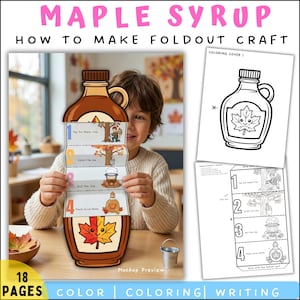 Könnte beinhalten: Ein Kind hält ein faltbares Bastelprojekt in Ahorn-Sirup-Form mit Anweisungen. Das braune Projekt zeigt die Herstellung von Ahornsirup. Der Text "MAPLE SYRUP HOW TO MAKE FOLDOUT CRAFT" ist zu sehen. Zusätzliche Seiten zum Ausmalen und Schreiben sind abgebildet.