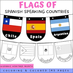 Pode incluir: Uma faixa colorida com bandeiras de países de língua espanhola, incluindo Chile, Espanha e Argentina. As bandeiras são exibidas em um estilo decorativo com os nomes dos países abaixo. A imagem também inclui o texto "Hispanic Heritage Month" e "Coloring & Colored | 43 Pages."