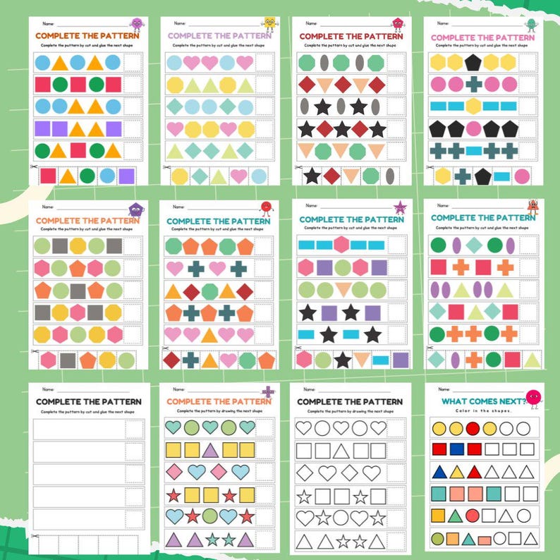May include: A collection of printable worksheets with patterns to complete using shapes and colors. Each page features a different pattern with shapes like circles, squares, triangles, and stars. The text "COMPLETE THE PATTERN" is at the top of each page.