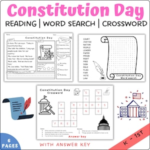 Puede incluir: Hojas de trabajo educativas para el Día de la Constitución, que incluyen comprensión lectora, búsqueda de palabras y crucigramas. Las páginas presentan ilustraciones de la balanza de la justicia, una pluma y tinta, y el Capitolio de los Estados Unidos. Diseñado para estudiantes de K-1er grado.