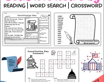 Actividades del Día de la Constitución para niños de kínder a 1.º grado / Comprensión lectora, Sopa de letras / Crucigrama / Descarga instantánea