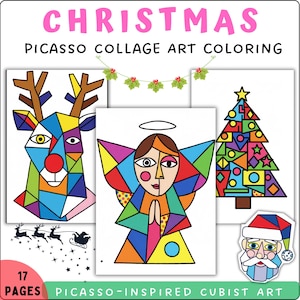 Peut inclure: Ensemble de pages de coloriage sur le thème de Noël avec de l'art cubiste inspiré de Picasso. Les images incluent un renne, un ange, un sapin de Noël et le Père Noël, le tout dans un style géométrique coloré. Le texte indique "Christmas" et "Picasso Collage Art Coloring".