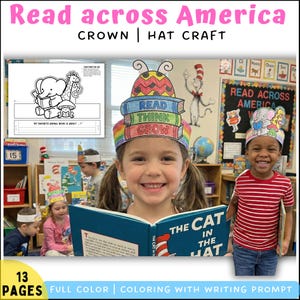 Könnte beinhalten: Ein junges Mädchen und ein Junge tragen bunte Papierkronen mit den Worten "Read, Think, Grow" und "Read Across America". Das Mädchen hält ein Buch mit dem Titel "The Cat in the Hat". Das Bild enthält auch den Text "Read across America" und "13 pages full color coloring with writing prompt."