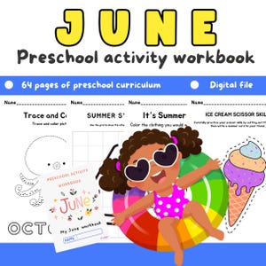 Cuaderno de actividades para preescolar y jardín de infantes de junio - Libro de actividades - Currículo, Verano, Día del Padre, Recurso para la educación en el hogar, Hoja de trabajo imprimible con letras para preescolar