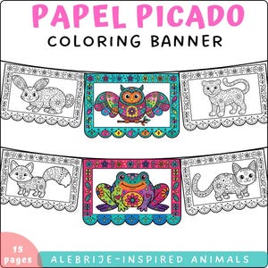 May include: A Papel Picado colouring banner featuring 15 pages of alebrije-inspired animals. The banner displays rectangular panels with intricate floral borders, showcasing black and white line art of a rabbit, leopard, fox, and cat, alongside colourful illustrations of an owl and a frog.
