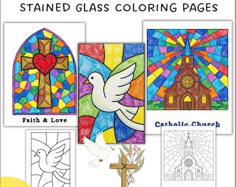 Puede incluir: Páginas para colorear de vidrieras para la Semana de las Escuelas Católicas. Las páginas presentan imágenes de una cruz con un corazón, una paloma y una iglesia. El texto de la imagen dice "Faith & Love" y "Catholic Church". Hay 16 páginas con dos niveles de habilidad.