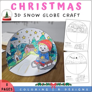 May include: A colorful Christmas-themed 3D snow globe craft kit. The image shows a completed snow globe with a child sledding down a hill, surrounded by trees and houses. The kit includes coloring pages with 6 designs and 8 pages.