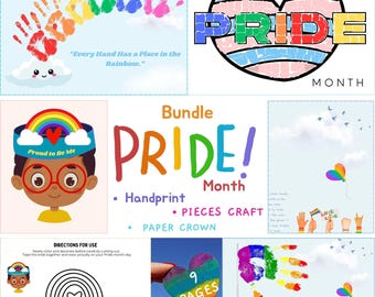 May include: A collage of Pride Month themed graphics. Includes a rainbow handprint, a heart-shaped design with the word "PRIDE", and a cartoon of a child wearing a rainbow crown. Text includes "Every Hand Has a Place in the Rainbow" and "Proud to Be Me".