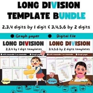 Może przedstawiać: Pakiet do pobrania cyfrowego z drukowanymi arkuszami ćwiczeń z długiego dzielenia dla uczniów. Pakiet zawiera 16 stron arkuszy ćwiczeń dla liczb 2-, 3- i 4-cyfrowych dzielonych przez 1 cyfrę oraz 44 strony arkuszy ćwiczeń dla liczb 3-, 4-, 5- i 6-cyfrowych dzielonych przez 2 cyfry. Arkusze ćwiczeń zawierają zarówno zadania z resztą, jak i bez reszty.