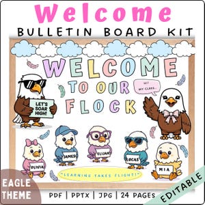 May include: A colorful bulletin board kit with an eagle theme. The words "Welcome to our Flock" are displayed with cartoon eagles. The kit includes editable PDF, PPTX, and JPG files. The phrase "Learning Takes Flight!" is also included.