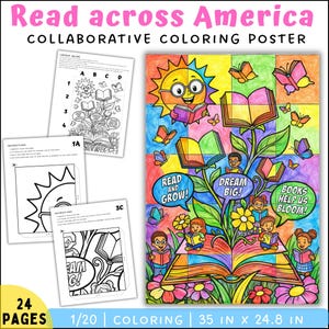 May include: A collaborative coloring poster with the text "Read across America". The poster features a colorful illustration of a sun, books, butterflies, and children reading. Includes instructions and layout guide. The poster measures 35 inches by 24.8 inches.