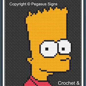 Könnte beinhalten: Pixeliges Bild von Bart Simpson im Kreuzstich-Stil. Er trägt ein rotes Hemd, blaue Shorts und gelbes Haar. Der Text "Crochet & knitting" ist sichtbar. Copyright Pegasus Signs.