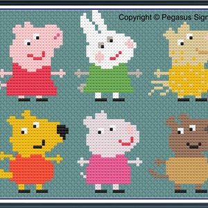 Patrón de punto de cruz con motivos de Peppa Pig y sus amigos. Solo archivos PDF/JPEG - kidsTV. animales, Peppa Pig, dibujos animados, cebra, conejo, zorro, ratón,