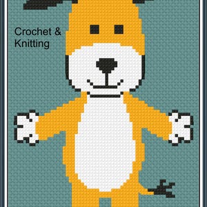 Może przedstawiać: Pikselowy obraz psa z pomarańczowym i białym futrem, czarnymi uszami i czarnym nosem. Pies stoi z wyciągniętymi ramionami. Słowa "Crochet & Knitting" znajdują się w lewym górnym rogu.