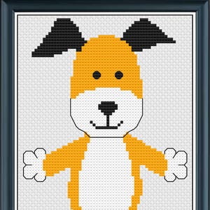 Może przedstawiać: Oprawiony haft krzyżykowy przedstawiający psa z kreskówki. Pies ma białą twarz i brzuch, z pomarańczowym futrem na głowie, uszach, ramionach i nogach. Uszy psa są czarne, a ogon czarny. Tło jest białe.