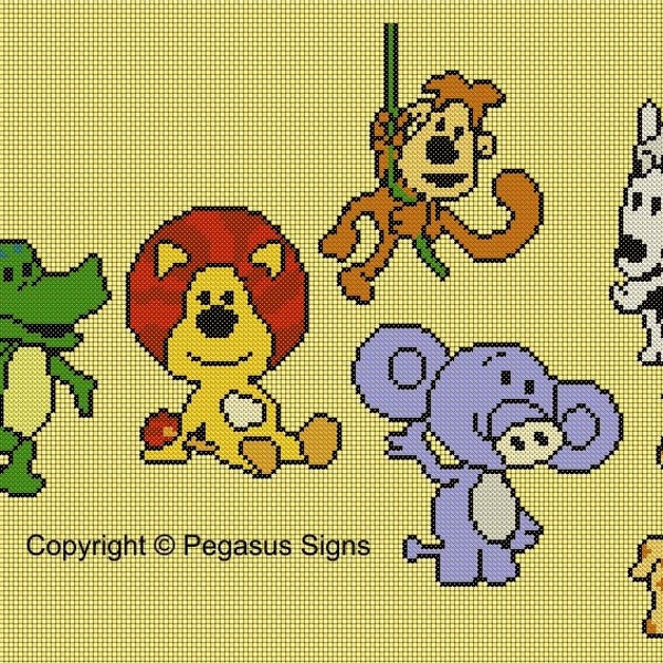 Ra Ra and Friends Cross Stitch Pattern only (pdf jpg files) kids tv lion monkey giraffe zebra crocodile elephant motifs pre school animals