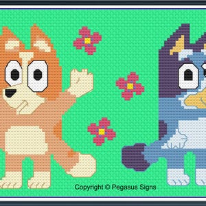 Bingo en Bluey Dogs alleen kruissteekpatroon pdf/jpeg-bestanden - cartoon, kidsTV, heelers, bloemen, honden, dieren,