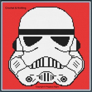 May include: A black and white pixel art image of a Star Wars Stormtrooper helmet on a red background. The text "Crochet & Knitting" appears in the top left corner and "Copyright © Pegasus Signs" appears in the bottom right corner.